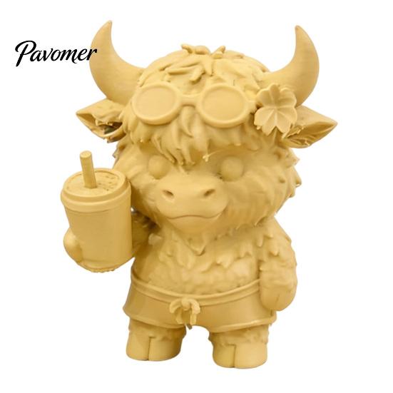 Desktop Landscaping Ornament 2Pcs Cute Highland Cow Figurine, 3D Printed Bubble Tea Statues, Handheld Drink Calf Summer Farmhouse Style Ornaments,