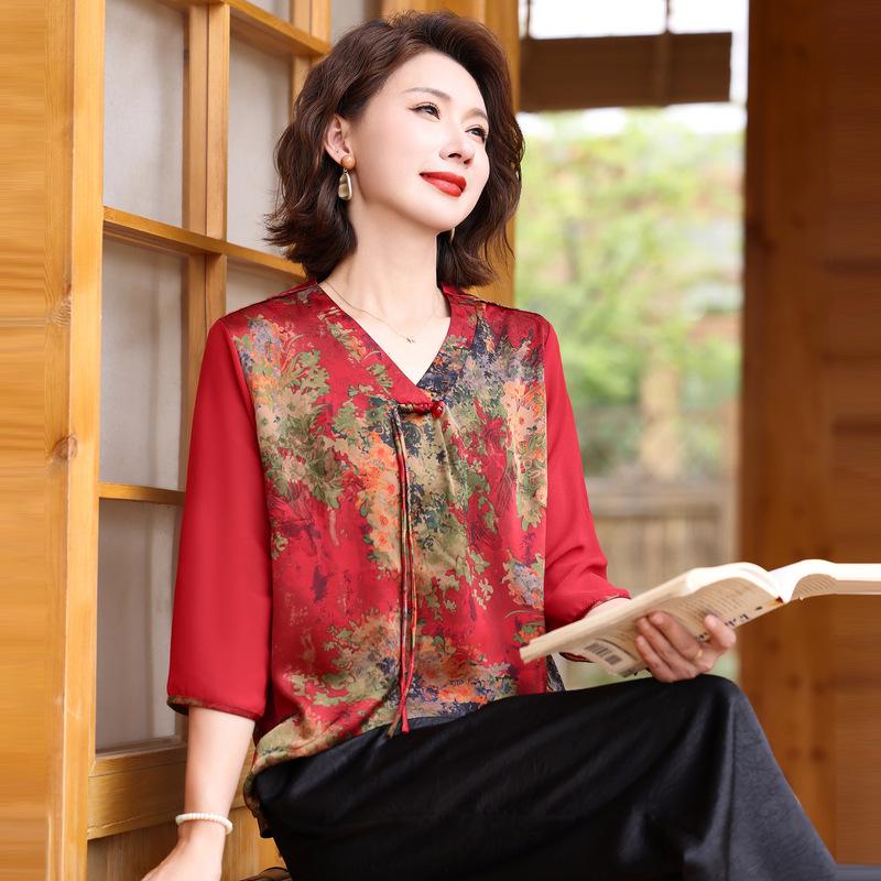 

2026 Retro Print Summer Shirt, Stylish Three-Quarter Sleeve for Moms, Perfect for Middle-Aged & Elderly, New Chinese Style XL (90-105 jin) красный