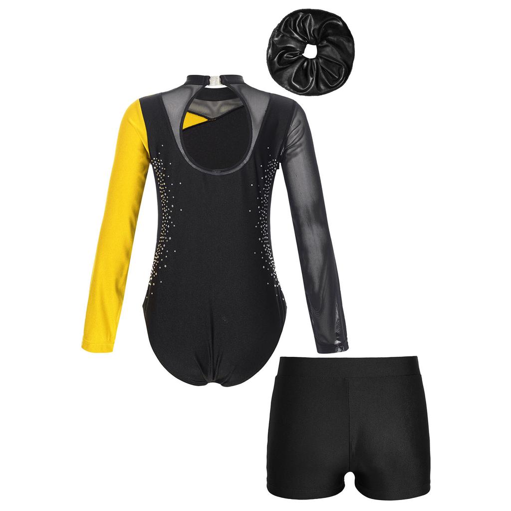 Kids Girls Gymnastic Performance Outfit Shiny Rhinestone Color Block Patchwork Long Sleeve Leotard with Shorts Hair Band
