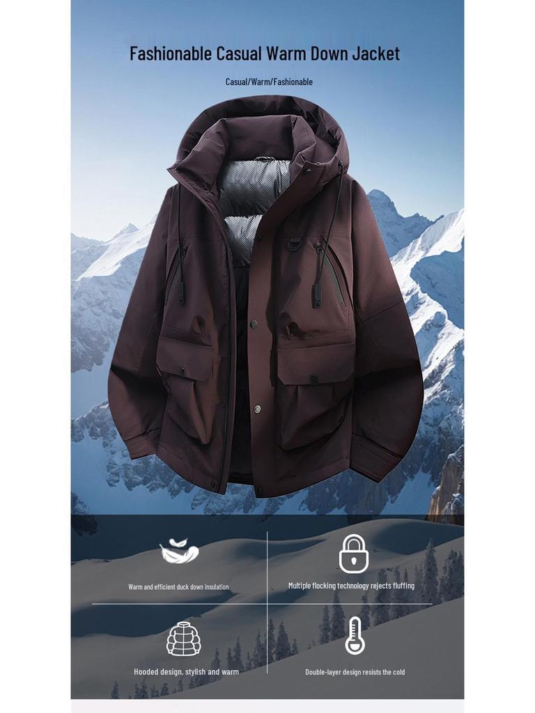 Men's Waterproof Cold-Resistant Down Jacket - 90% White Duck Down, Winter Casual Thickened Workwear, Trendy Design