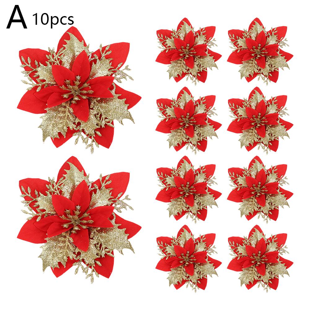10pcs Christmas Ornament Flower 14cm Glitter Artificial Christmas Flowers Tree Ornaments For Home New Year Gifts Wedding Decor