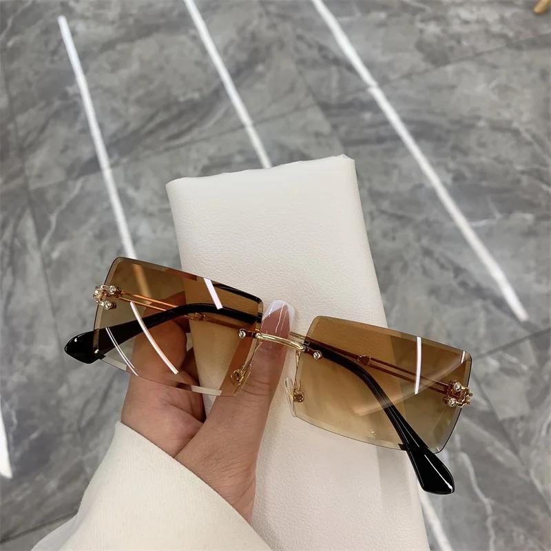 New Vintage Fashion Sunglasses Rimless Frameless Rectangle Shades Gradient Uv400 Summer Traveling Sun Glasses For Women