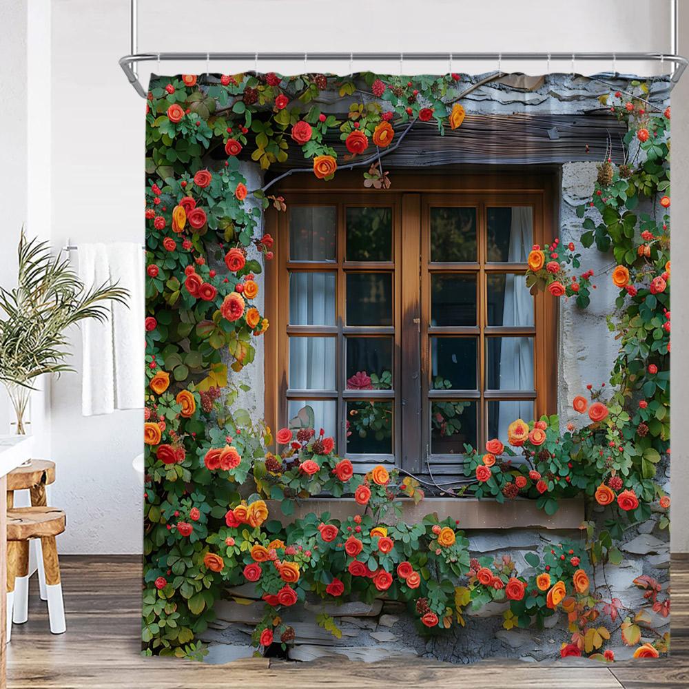 Italienischer Street View Duschvorhang Grüne Ranke Rote Rose Fensterbank Außenpflanze Europäische Badezimmerdekoration Polyester Duschvorhang