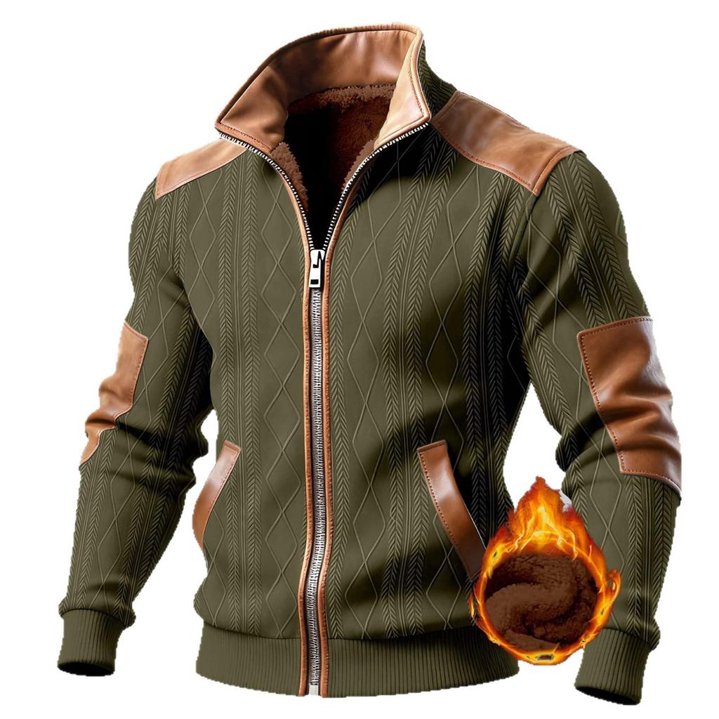 2025 Autumn/Winter Men's Color Block Stand Collar Fleece Zipper Jacket.