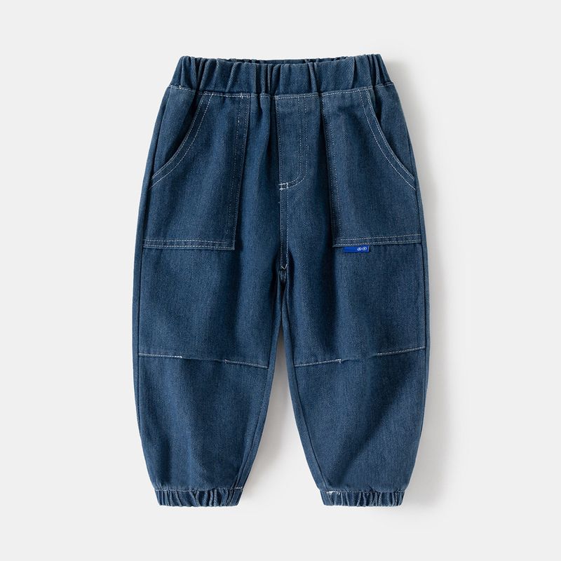 Children s Blue Pocket Label Jeans Korean Style Spring and Autumn Children s Clothing Baby Solid Color Long Pants Boys  Casual Pants Denim Blue Square Pocket Label Jeans 140