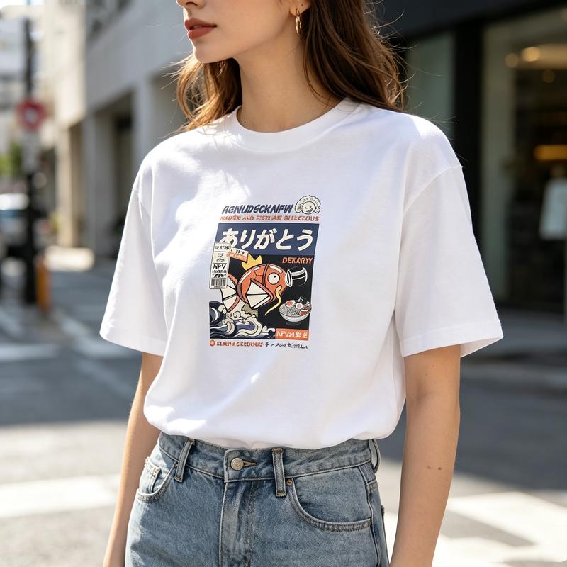 Cool Japanese RaUnisex Fish T Shirt Retro Food Art Print Unisex Loose Fit Cotton Crew Neck Top Y2k Top