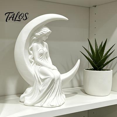 Literary Style Statue Moon Goddess Fairy Figurine, Matte White Sculpture, 3D Printed PLA Winged Statue, Mystical Fantasy Home Ornament for Bookshelf