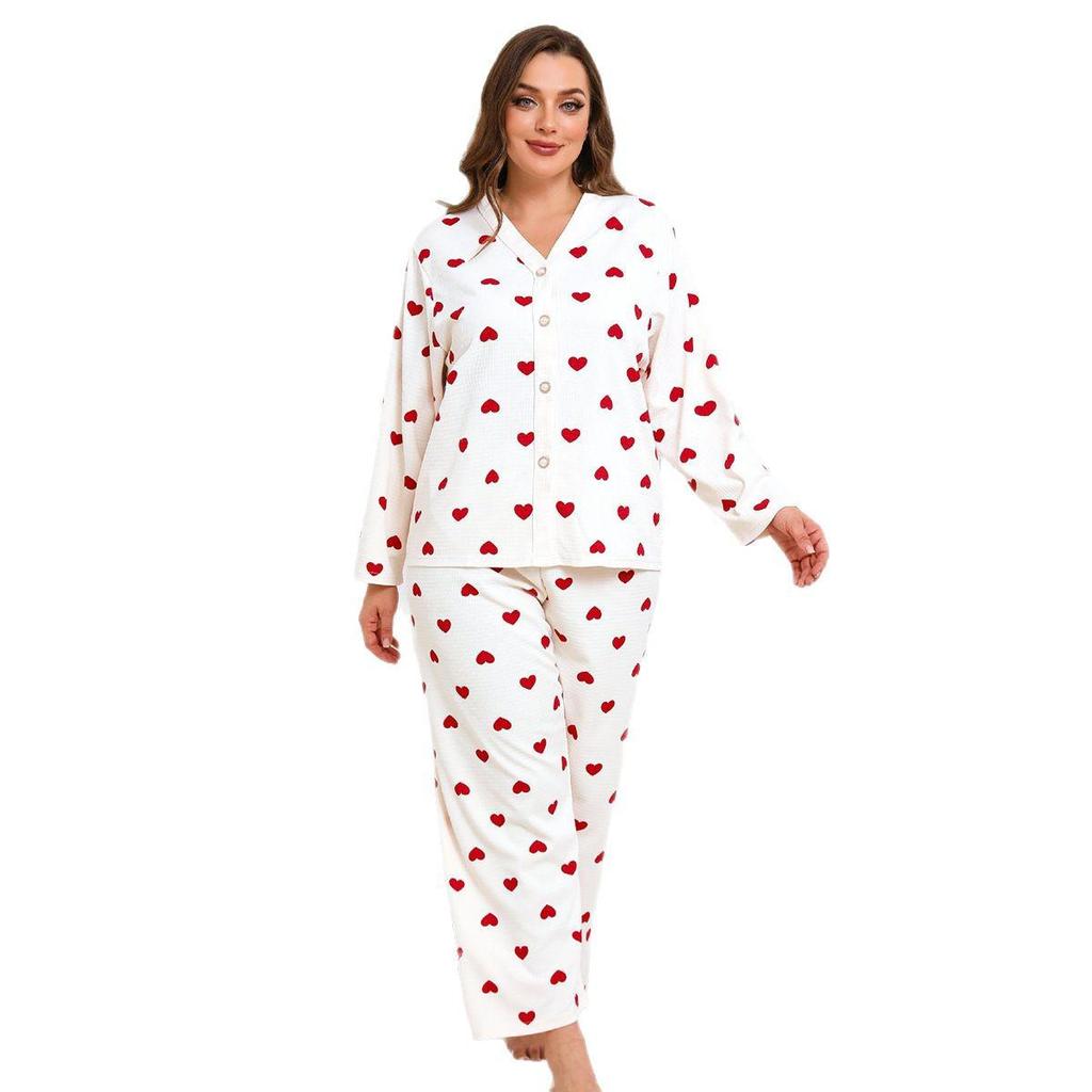 Heart Print Plus Size Women's Long Sleeve Pajama Set