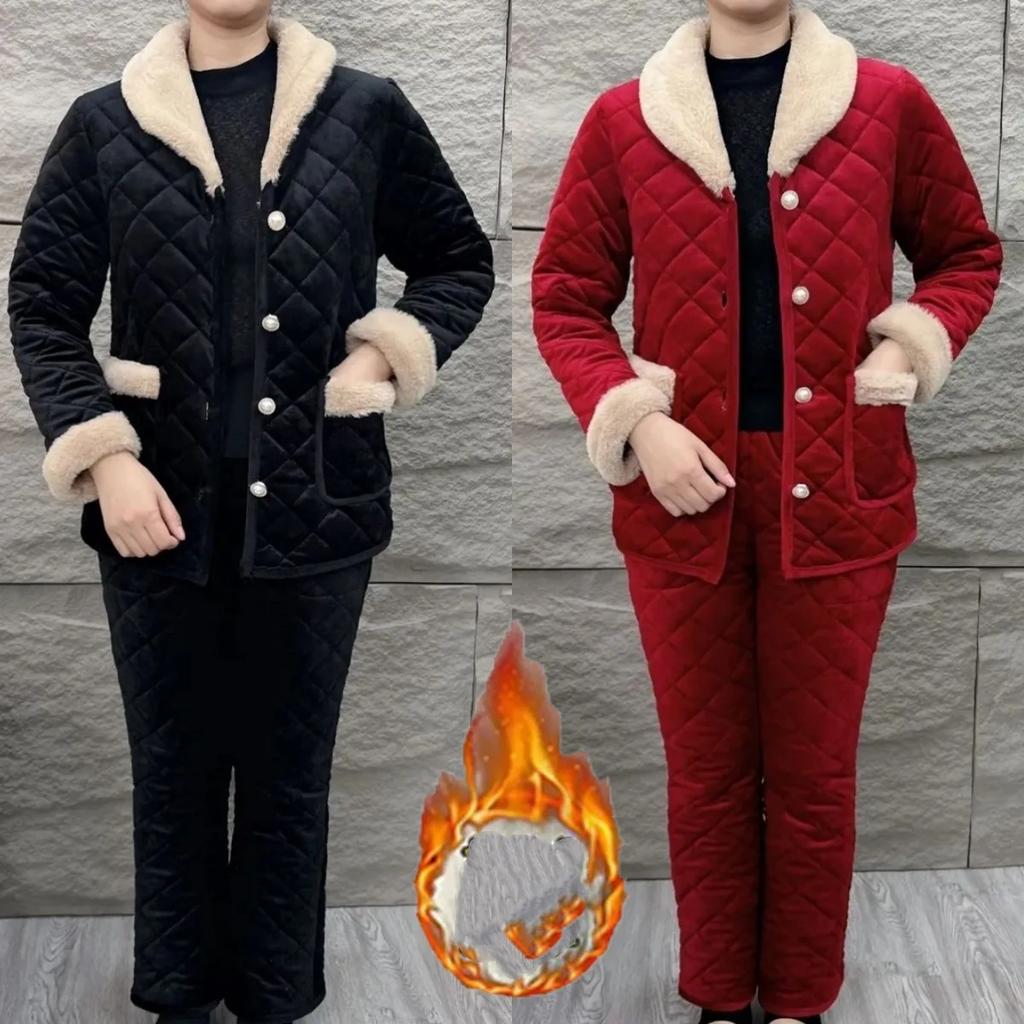 Fashion Mother Winter Clothes Plus Velvet Thick Padded Jacket Suit Middle-aged and Elderly Winter Warm Padded Jacket Cotton Trousers Two-piece Suit