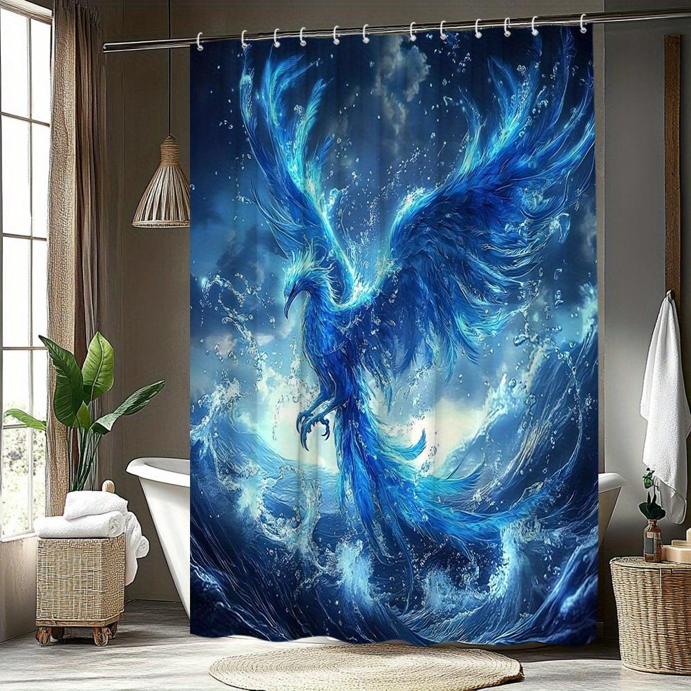 1 Stück Mystischer Phönix Duschvorhang - Lebendiges Blau & Goldenes Phönix-Design, Polyesterstoff, 70. 8x70. 8 Zoll, 12 Haken,