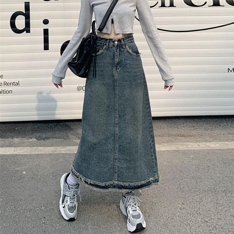 Vintage High-waisted Denim Skirt Female Package Hip A-line Cover Meat Straight Section of The Long Section of The Design Sense of The Burlap Half-body
