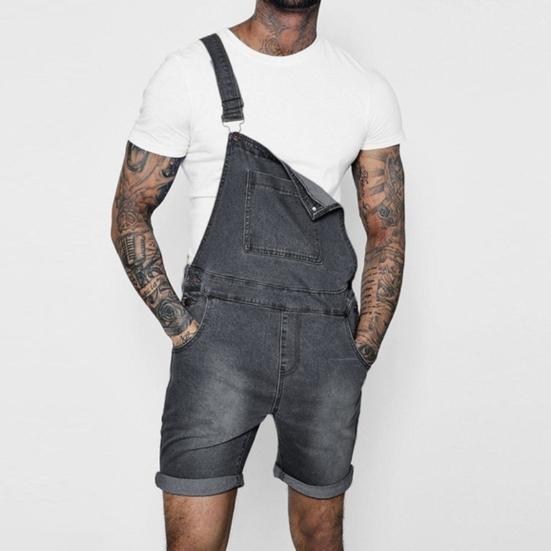Denim Overall Shorts Solid Color Shoulder Straps Summer Hip Hop Adjustable Short Jean