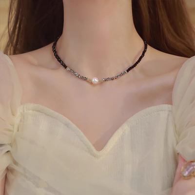 Shijia Pearl Necklace Female Summer Sweet Crystal Beaded Necklace Niche Design Light Luxury Black Crystal Clavicle Chain