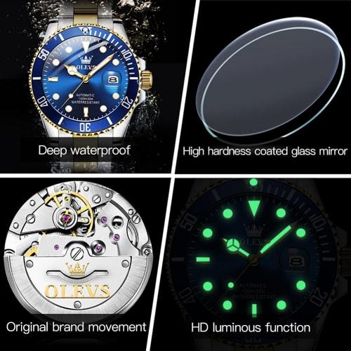 OLEVS Men's Blue Mechanical Watch, Automatic/Hand-Wound, Waterproof, Luminous, Date, Stainless Steel, Present