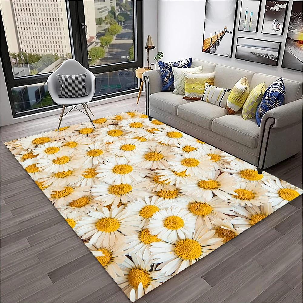 Colourful Daisy Wild Plant 3D Carpet Rug for Home Living Room Bedroom Sofa Doormat Decor,kids Play Area Rug Non-slip Floor Mat