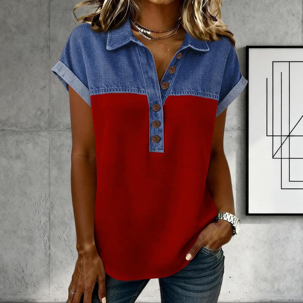 Denim Patchwork Shirts For Women Stand Collar Casual Blouse Short Sleeve Comfy Tshirt Spring Summer Fashion
