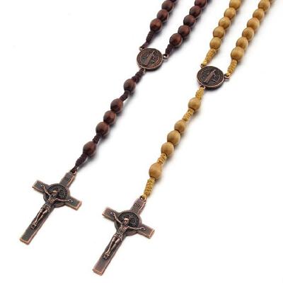 Vintage Crucifix Pendant Weaving Necklace Wood Beads Sweater Chains for Women