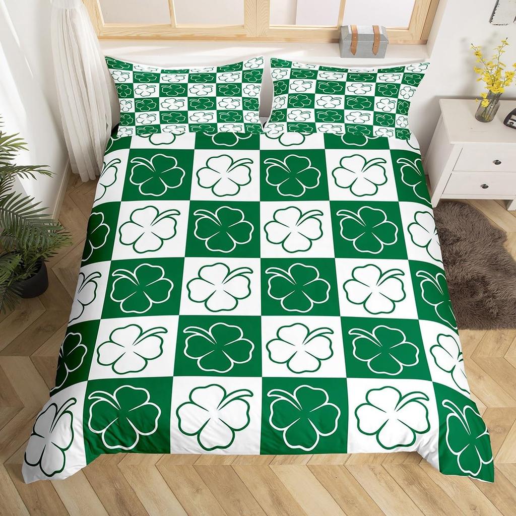 St. Patrick's Day Duvet Cover Queen Cartoon Green Clover Leaves Quilt Cover Holiday Spring Lucky Theme Bedding Set for Dorm Room