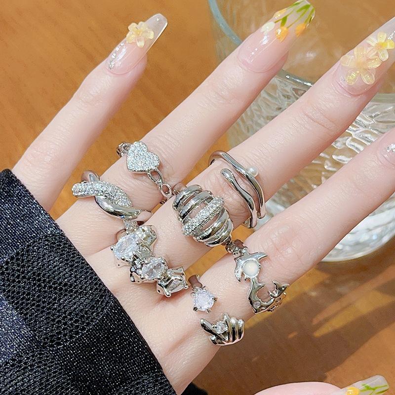 Irregular French Pleated High-End Open Ring Cold Wind Simple Full Of Diamonds Zircon Personality Ring Female