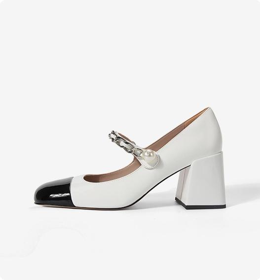 2025 New Tweed Patchwork Mary Jane Shoes for Women - Chic Pearl Embellished Chunky Heel High-Heel Single Shoes