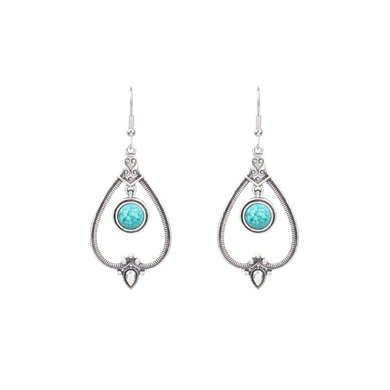 Ethnic Vintage Blue Beads Waterdrop Round Earrings for Women Boho Creative Geometric Silver Color Dangle Earrings Jhumka Jewelry