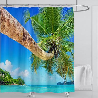 Shower Curtain Sea Beach 3D Modern Tropical Palm Leaves Scenery Print Waterproof Bathroom Home Decoration Washable Shower Screen