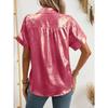 Women Lapel Short Sleeve Shirt Metallic Shiny Fabric Single Breasted Loose Vacation Casual Blouse