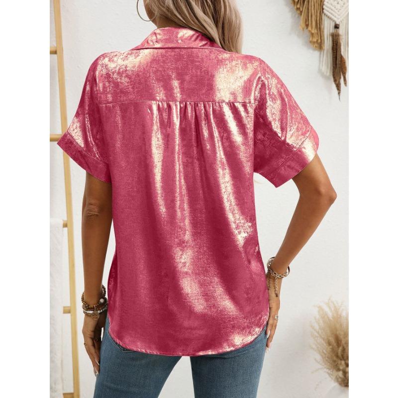 Women Lapel Short Sleeve Shirt Metallic Shiny Fabric Single Breasted Loose Vacation Casual Blouse