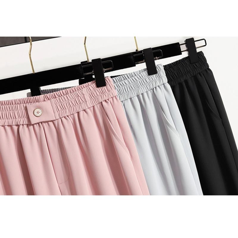 DIMANAF 2025 Plus Size Summer Long Pants Women Elastic Waist Casual Loose Pink Pants New Solid Pants