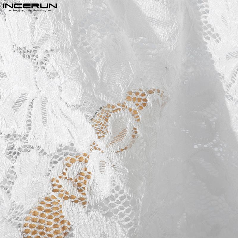 INCERUN T-shirt d'été à manches courtes et col à revers pour homme, en dentelle et maille transparente, avec perspective