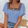 Vacation Style Lace Embroidered Square Neck Shirt Pullover with Lotus Leaf Short Sleeved Backless Design Women’s Blouses & Shirts