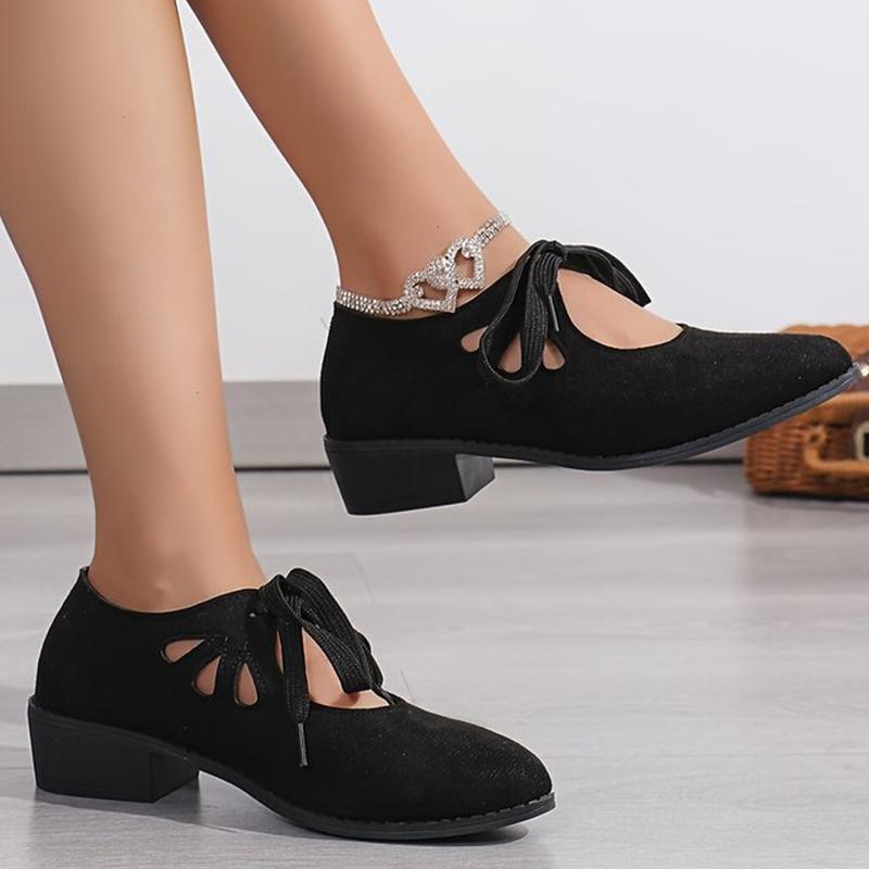 Fashion Korean Faux Suede Mid Heel Pumps Women Hollow Out Lace Up Loafers Shoes Woman 2025 Pointed Toe Plus Size Heels Shoes Ladies