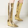 Módní klínové kozačky nad koleno Dámské 2024 Zimní boty Luxusní zip Zlatá Stříbrná Dlouhé kozačky Dámské Klínky Podpatky Společenské boty Dámské
