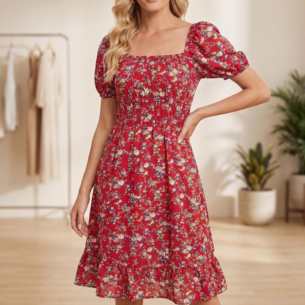 Women Square Neck Floral Print Short Sleeve Midi Dress with Ruffle Hem and Elastic Waist Casual Loose Fit Style