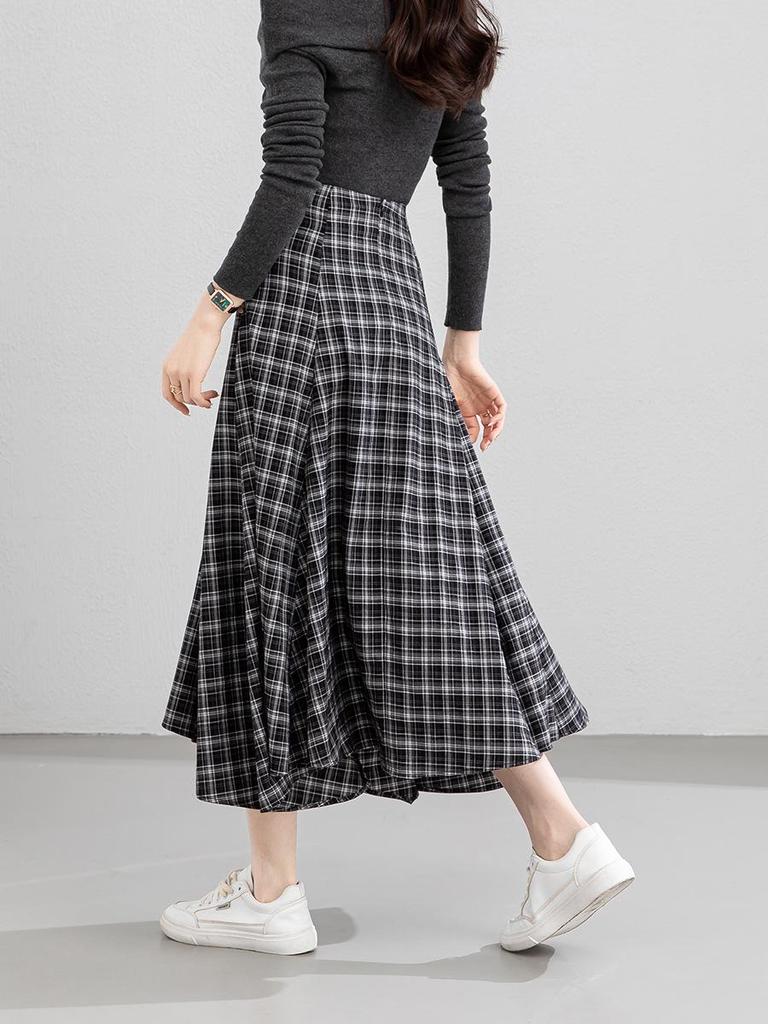 Xin Ge Plaid High Waist Fishtail A-line Skirt – Korean Style Long, Irregular Cut