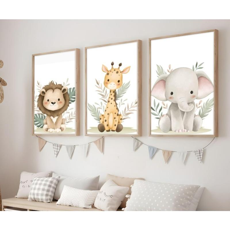 3pcs/set Safari Nursery Canvas Printing Lion Giraffe & Elephant Neutral Jungle Animal Wall Art Poster for Modern Home Decor Gift