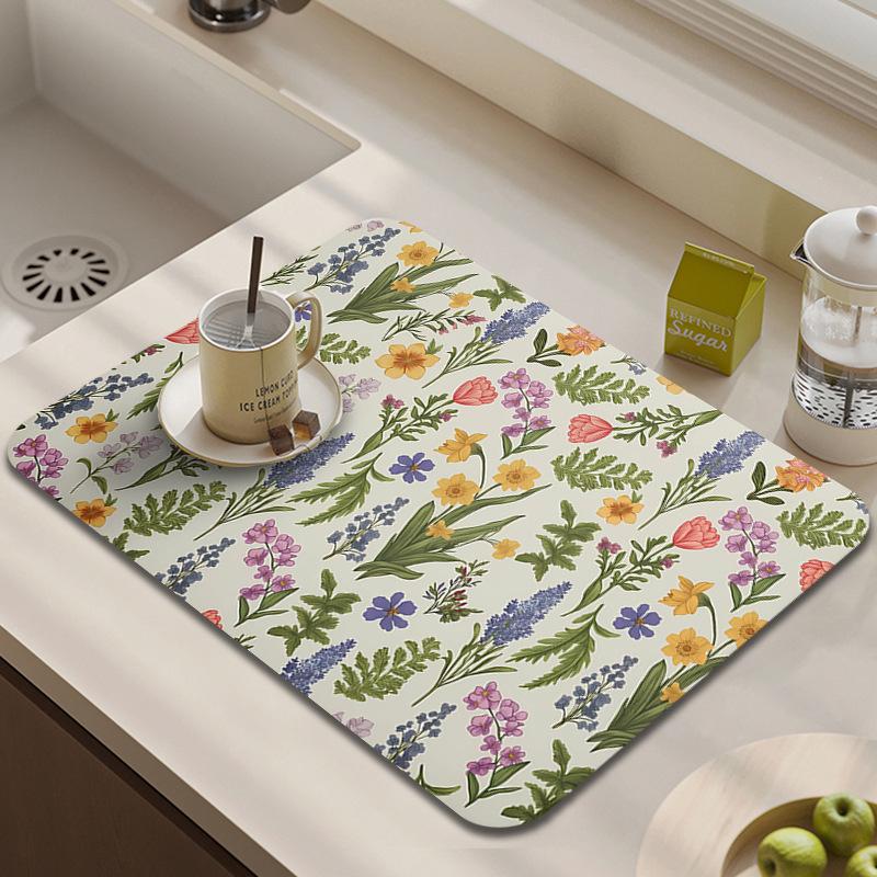 Floral Diatomaceous Earth Countertop Drying Mat - Absorbent, Quick-Drying, Heat-Resistant, Easy-to-Clean, Dustproof Oven Placemat.