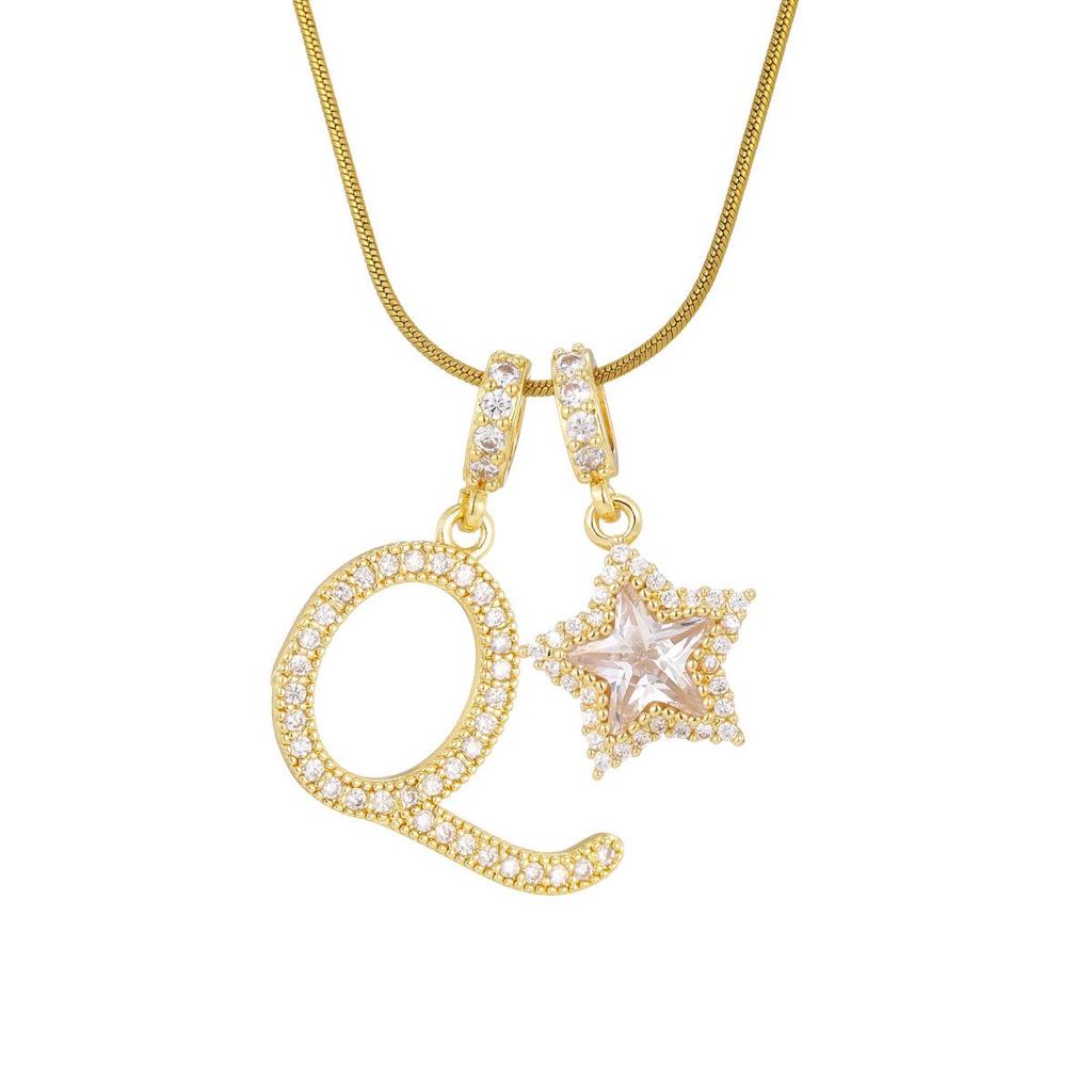 18K Gold Plated Copper Necklace with Zirconium Pentagram & Letter Pendant for Women