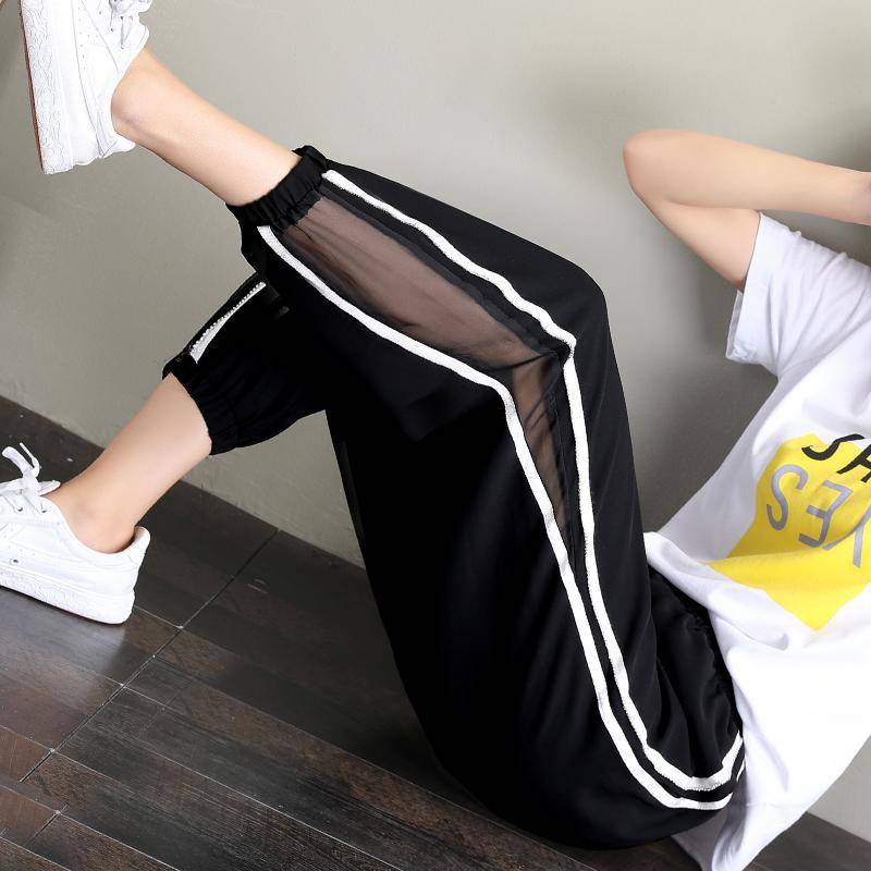 Women's Summer Wide Legged Pants with High Waist and Dropping Feeling Long Pants, Small and Slim, Tight Feet Mesh Sports Thin Pants