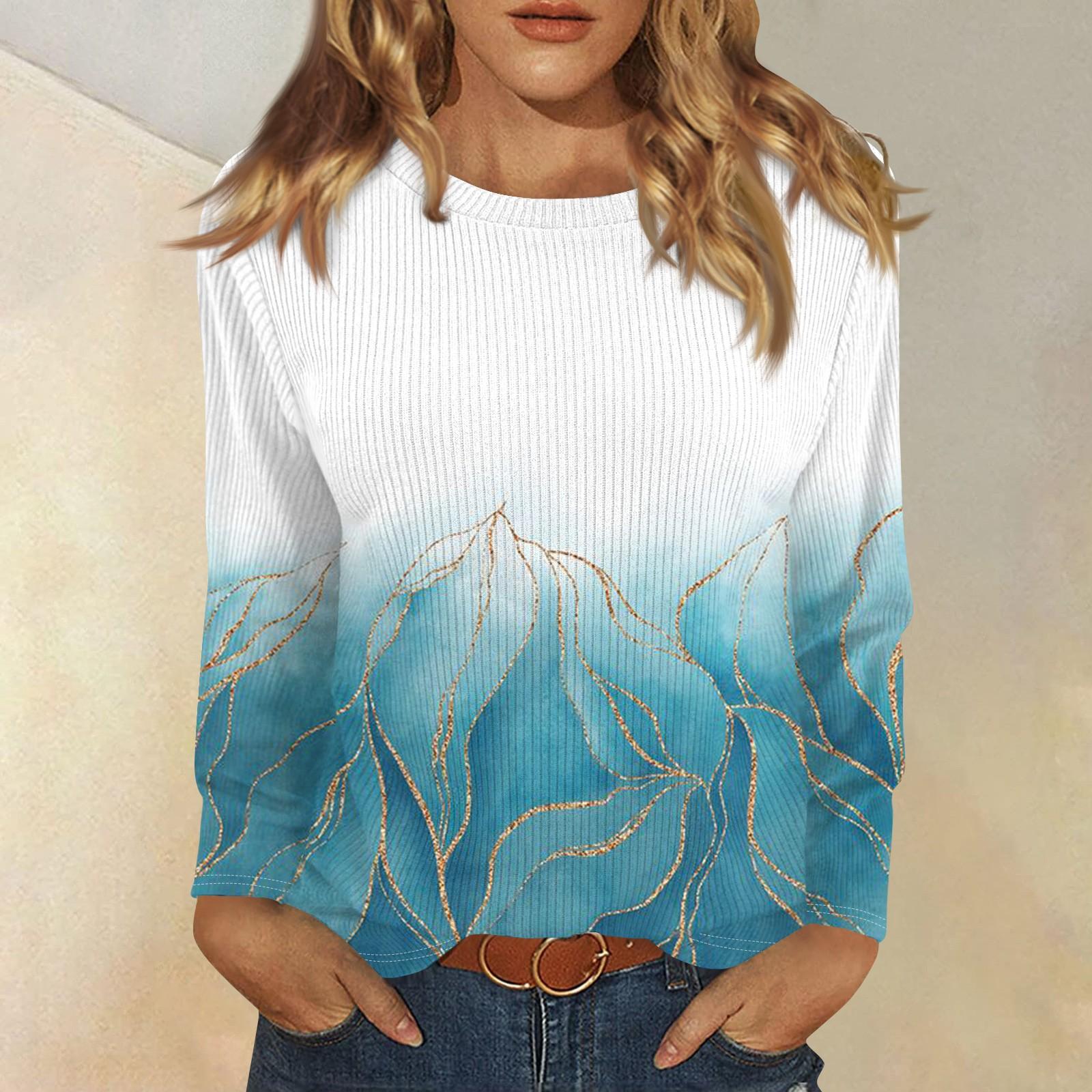 

Длинные рукава топы для женщин футболка повседневные принты топы футболка круглый вырез пуловер блузка XL