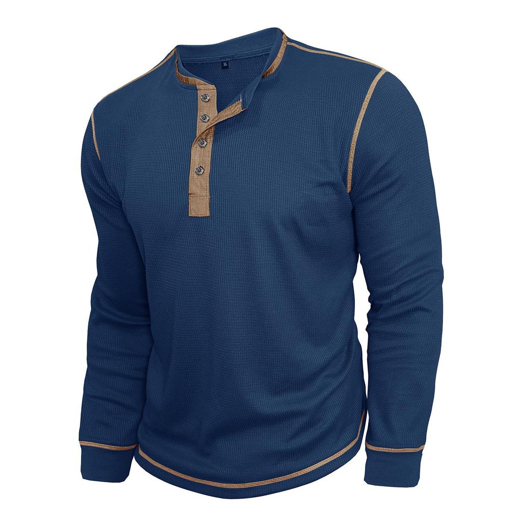 Men's Retro British Style Color Block Henley Long Sleeve Polo Shirt