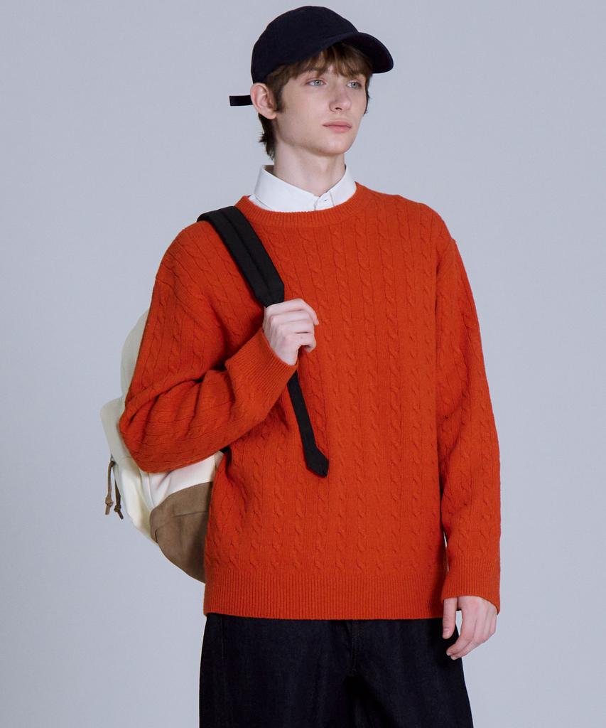BASIC HOUSE Cable Round Neck Knit Orange Lykt7101 (Type B)