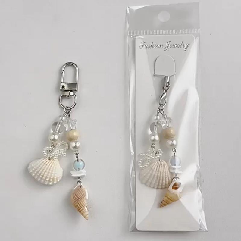 Ocean Style Pearl Bow Shell Conches Charm Beaded Mobile Phone Chains Keychain Pendants Girly Bag Hanging Ornaments Gifts