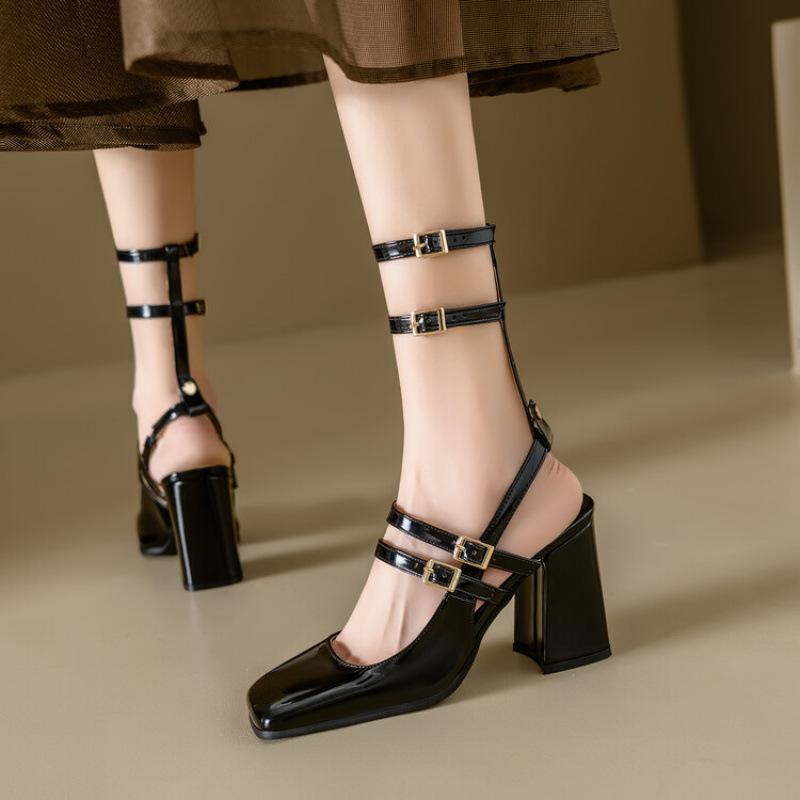Summer Square Head Rear Empty High-heeled Sandals New Women's Roman Sandals Casual Patent Leather Large Size Shoes Waterproof Table Heel