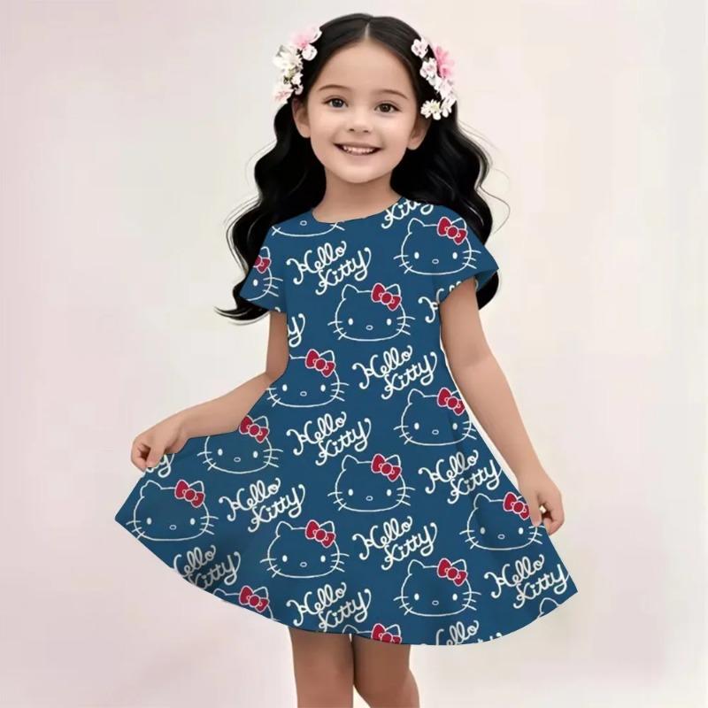 Popula Children's New Fashion Kawaii Girl Dress Cartoon Cute Hello Kitty 3D Printed Princess Dress Short Dress