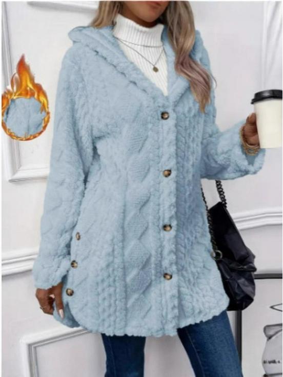 2025 Autumn/Winter Women's Warm Plush Hooded Cardigan - Button-Up Solid Color Coat