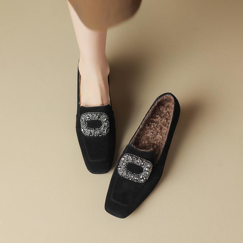 Women's Brown & Black Plush Lined Loafers: Velvet, Square Toe, Chunky Mid-Heel, Deep Mouth Design, Autumn/Winter.