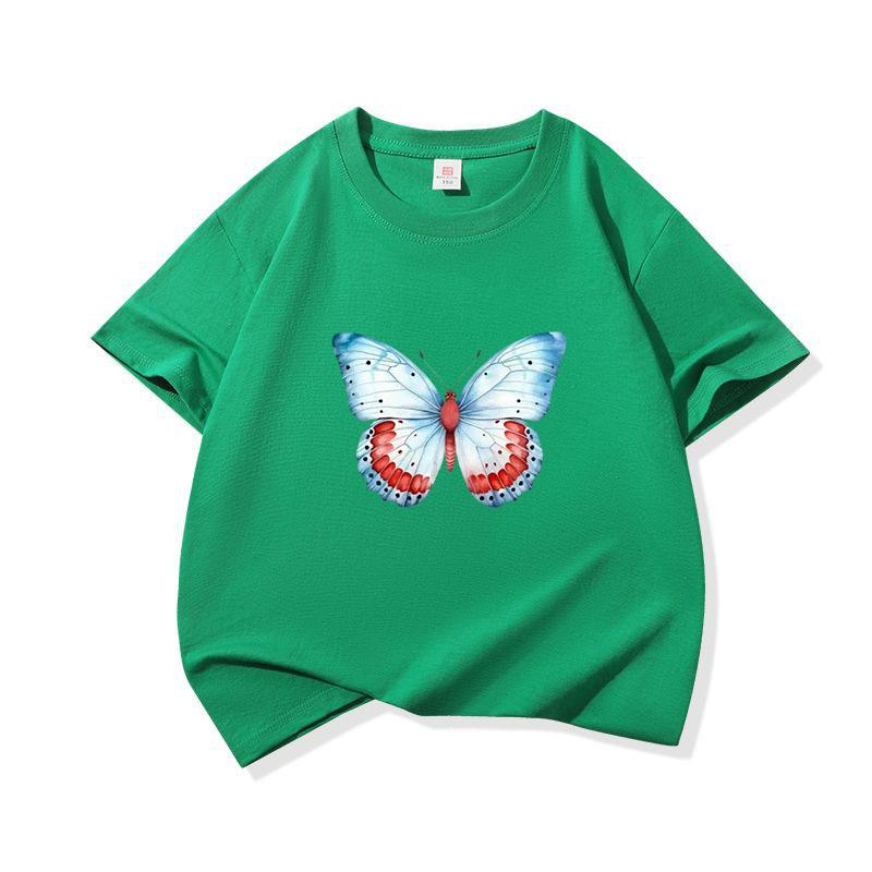 Kids Cotton T Shirt Light Blue And Red Butterfly Print Crew Neck Short Sleeve Tee Casual Boys Girls Summer Tops