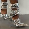 Fashion New Women Denim Metal Rivet Buckle Sandals Women Sexy Punk Style Pointed Hollow Metal 11cm High Heel Knee High Boots Size34-43