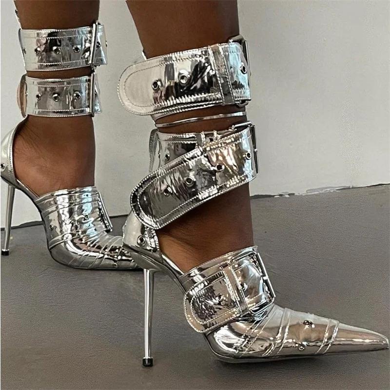 Fashion New Women Denim Metal Rivet Buckle Sandals Women Sexy Punk Style Pointed Hollow Metal 11cm High Heel Knee High Boots Size34-43